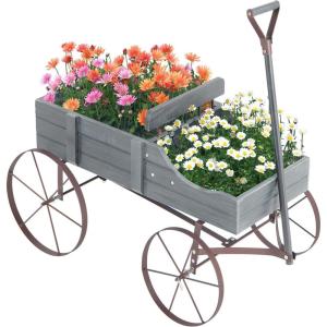 imageWooden Wagon Planter Decorative Garden Wheelbarrow Planter with 2 Planting Sections Rolling Wheels Adjustable Handle Small Wagon Cart Planter Stand for Flowers Vegetables Herbs GreenGray