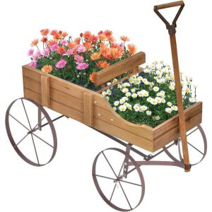imageWooden Wagon Planter Decorative Garden Wheelbarrow Planter with 2 Planting Sections Rolling Wheels Adjustable Handle Small Wagon Cart Planter Stand for Flowers Vegetables Herbs GreenBrown