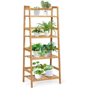 imagegraffy 4Tier Ladder Shelf Plant Stand Bamboo LadderShaped Bookcase Storage Shelves Multifunctional Display Rack Plant Stand Flower Pots Holder for Living RoomBathroomBedroom EspressoNatural