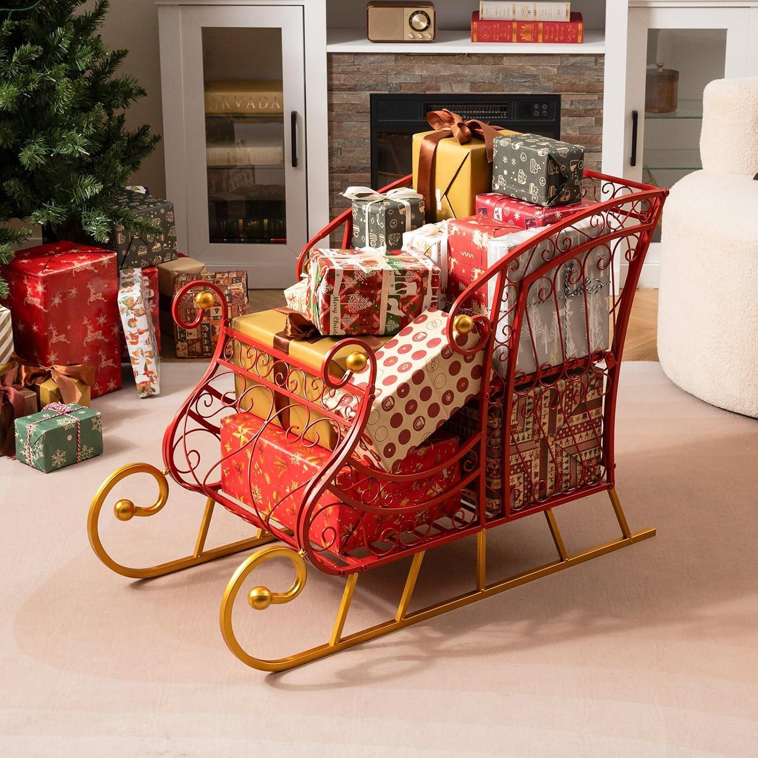 imageMetal Santa Sleigh Christmas Santa Sleigh Basket w 2Tier Storage Shelf Big Loading Area for Gifts Reindeer Outdoor Decoration for Indoor Holiday Decor Lawn Yard Home Pets Trailer PartyHollow