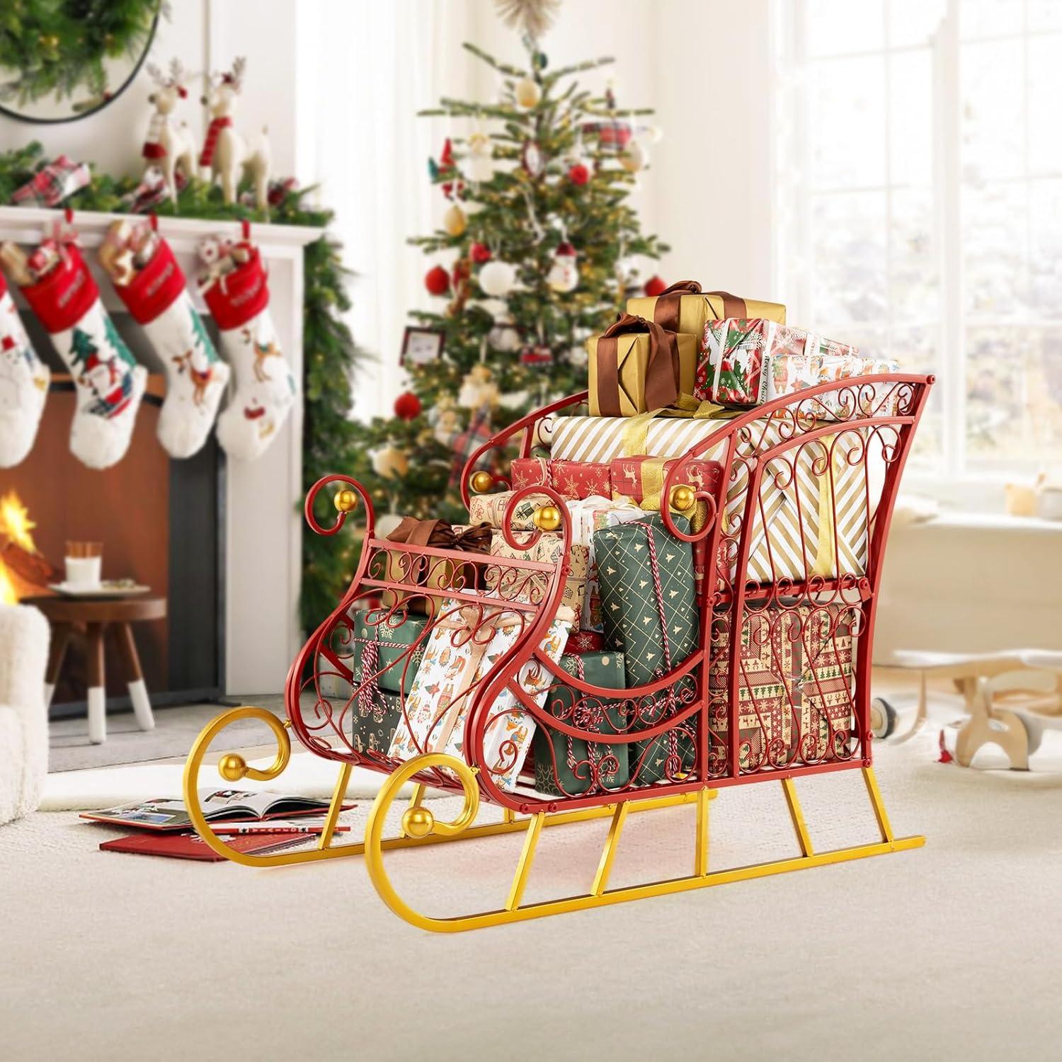 imageMetal Santa Sleigh Christmas Santa Sleigh Basket w 2Tier Storage Shelf Big Loading Area for Gifts Reindeer Outdoor Decoration for Indoor Holiday Decor Lawn Yard Home Pets Trailer PartyHollow