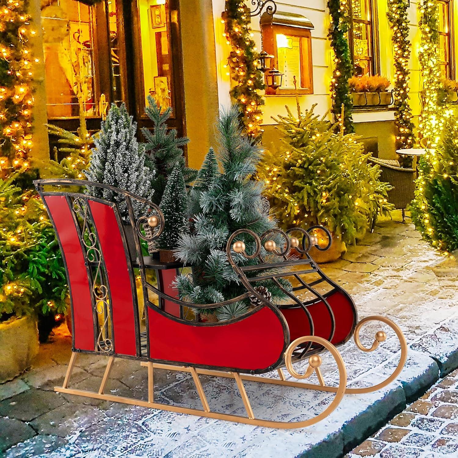 imageMetal Santa Sleigh Christmas Santa Sleigh Basket w 2Tier Storage Shelf Big Loading Area for Gifts Reindeer Outdoor Decoration for Indoor Holiday Decor Lawn Yard Home Pets Trailer PartyClassic