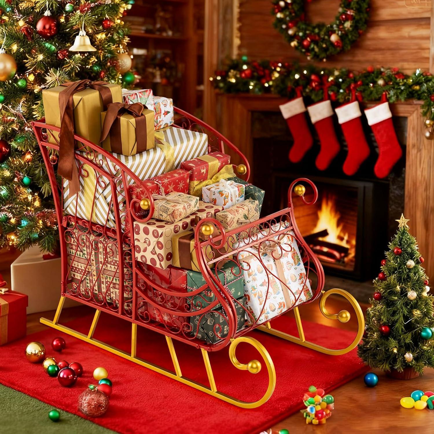 imageMetal Santa Sleigh Christmas Santa Sleigh Basket w 2Tier Storage Shelf Big Loading Area for Gifts Reindeer Outdoor Decoration for Indoor Holiday Decor Lawn Yard Home Pets Trailer PartyHollow