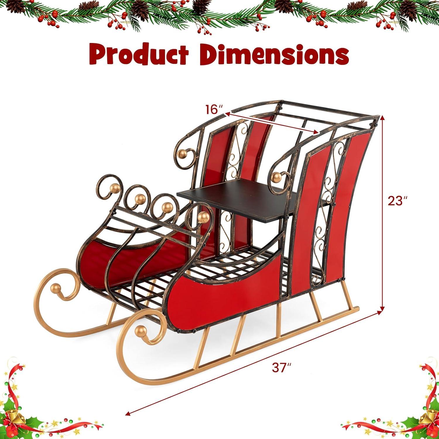 imageMetal Santa Sleigh Christmas Santa Sleigh Basket w 2Tier Storage Shelf Big Loading Area for Gifts Reindeer Outdoor Decoration for Indoor Holiday Decor Lawn Yard Home Pets Trailer PartyClassic