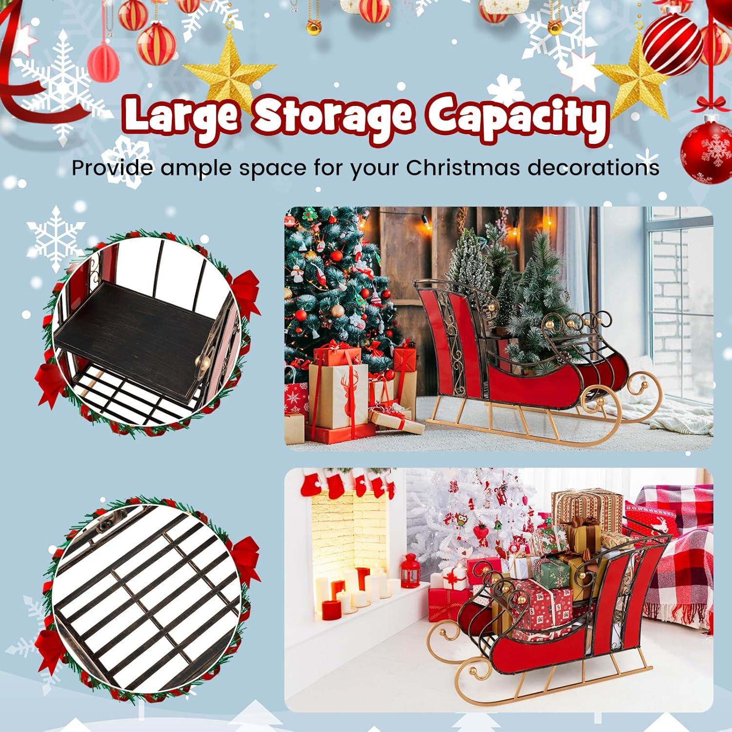imageMetal Santa Sleigh Christmas Santa Sleigh Basket w 2Tier Storage Shelf Big Loading Area for Gifts Reindeer Outdoor Decoration for Indoor Holiday Decor Lawn Yard Home Pets Trailer PartyClassic