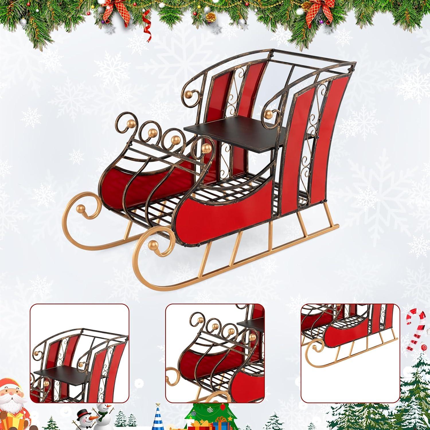 imageMetal Santa Sleigh Christmas Santa Sleigh Basket w 2Tier Storage Shelf Big Loading Area for Gifts Reindeer Outdoor Decoration for Indoor Holiday Decor Lawn Yard Home Pets Trailer PartyClassic