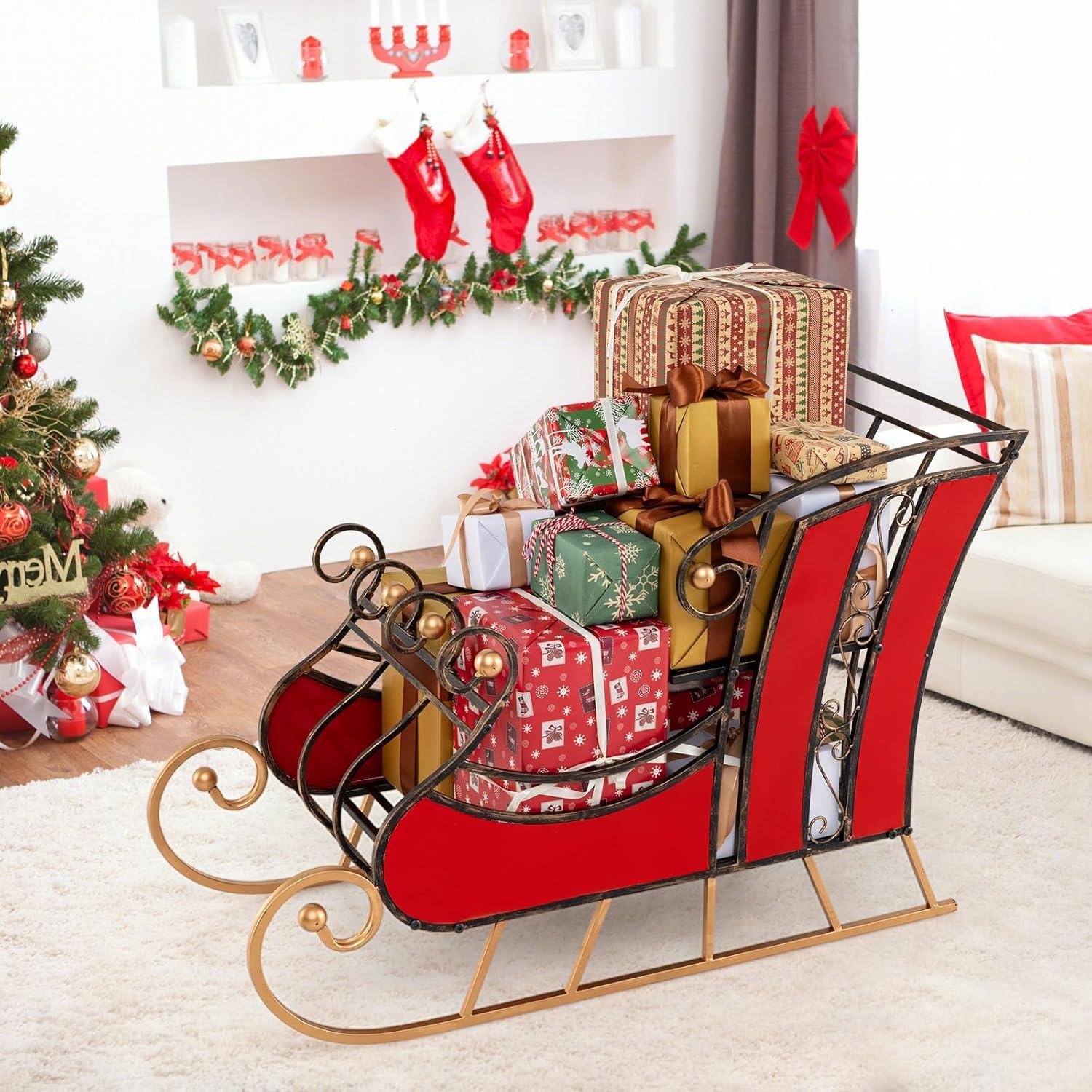 imageMetal Santa Sleigh Christmas Santa Sleigh Basket w 2Tier Storage Shelf Big Loading Area for Gifts Reindeer Outdoor Decoration for Indoor Holiday Decor Lawn Yard Home Pets Trailer PartyClassic