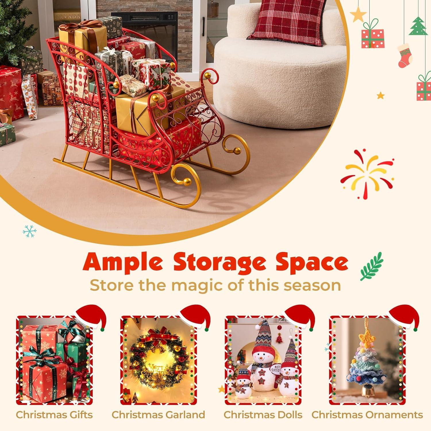 imageMetal Santa Sleigh Christmas Santa Sleigh Basket w 2Tier Storage Shelf Big Loading Area for Gifts Reindeer Outdoor Decoration for Indoor Holiday Decor Lawn Yard Home Pets Trailer PartyHollow