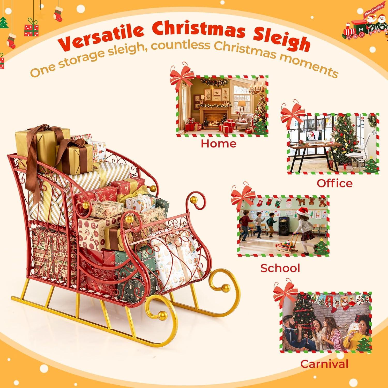 imageMetal Santa Sleigh Christmas Santa Sleigh Basket w 2Tier Storage Shelf Big Loading Area for Gifts Reindeer Outdoor Decoration for Indoor Holiday Decor Lawn Yard Home Pets Trailer PartyHollow