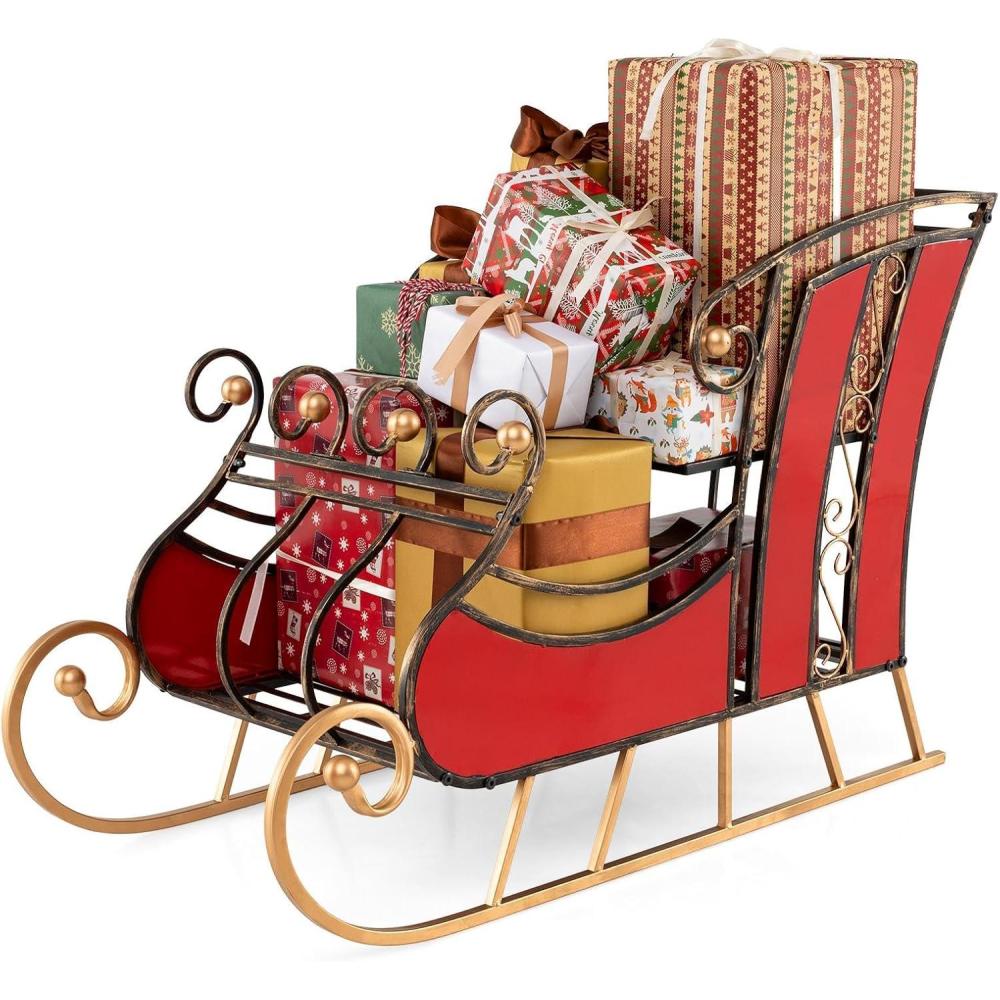 imageMetal Santa Sleigh Christmas Santa Sleigh Basket w 2Tier Storage Shelf Big Loading Area for Gifts Reindeer Outdoor Decoration for Indoor Holiday Decor Lawn Yard Home Pets Trailer PartyClassic