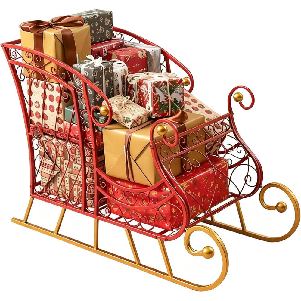 imageMetal Santa Sleigh Christmas Santa Sleigh Basket w 2Tier Storage Shelf Big Loading Area for Gifts Reindeer Outdoor Decoration for Indoor Holiday Decor Lawn Yard Home Pets Trailer PartyHollow