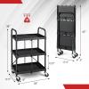 image3Tier Folding Utility Cart with Lockable Wheels HeavyDuty Metal Frame Portable Rolling Cart for Home Office Garage Kitchen Black