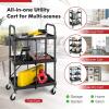 image3Tier Folding Utility Cart with Lockable Wheels HeavyDuty Metal Frame Portable Rolling Cart for Home Office Garage Kitchen Black
