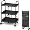 image3Tier Folding Utility Cart with Lockable Wheels HeavyDuty Metal Frame Portable Rolling Cart for Home Office Garage Kitchen Black