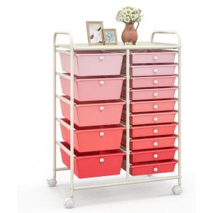 image15 Drawers Rolling Storage Cart Utility Tools Paper Organizer Mobile Storage Organizer with Wheels Art Cart Organizer for Kids Craft Storage Cart for Office School Home ClearGradient Pink