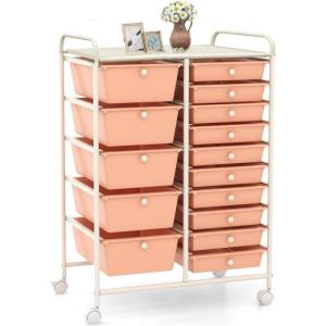 image15 Drawers Rolling Storage Cart Utility Tools Paper Organizer Mobile Storage Organizer with Wheels Art Cart Organizer for Kids Craft Storage Cart for Office School Home ClearPeach