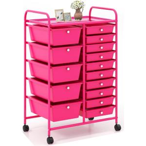 image15 Drawers Rolling Storage Cart Utility Tools Paper Organizer Mobile Storage Organizer with Wheels Art Cart Organizer for Kids Craft Storage Cart for Office School Home ClearHot Pink