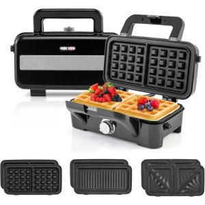 image3 in 1 Sandwich Maker 1082W Waffle Maker with Removable Plates Sandwich Press with 5Gear Temperature Control Indicator Lights Cool Touch Handle Panini Press Grill for Breakfast