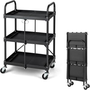 image3Tier Folding Utility Cart with Lockable Wheels HeavyDuty Metal Frame Portable Rolling Cart for Home Office Garage Kitchen Black