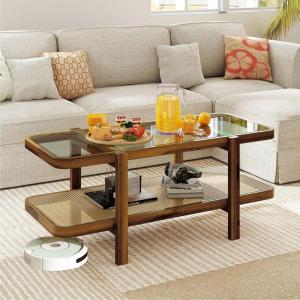 image475quot L Rattan Coffee Table 2Tier Rectangle Solid Wood Tea Table wTempered Glass Tabletop ampamp PE Rattan Shelf Boho Center Table Farmhouse Rustic Coffee Tables for Living Room Office