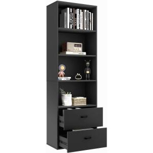image4Tiers Bookcase 74 Tall Book Shelf Craft Storage Cabinet with 2 Slide Drawers ampamp 4 Open Shelves Modern Wood Craft Book Shelf for Bedroom Living Room WhiteBlack