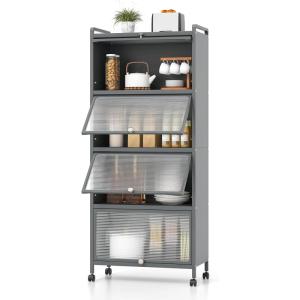 image5Tier Kitchen Storage Cabinet Mobile Microwave Stand with Metal Frame 4 Lockable Casters ampamp Flipup PC Doors Freestanding Bakers Rack for Kitchen Dining Room Living Room WhiteGrey