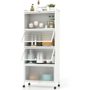 image5Tier Kitchen Storage Cabinet Mobile Microwave Stand with Metal Frame 4 Lockable Casters ampamp Flipup PC Doors Freestanding Bakers Rack for Kitchen Dining Room Living Room WhiteWhite