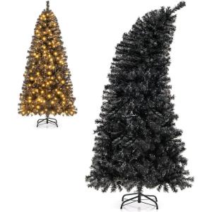 image7 FT Prelit Christmas Tree Black Halloween Tree wBendable Top Hinged Xmas Tree w 1050 Branch Tips 340 Warm White LED Lights Metal Stand Artificial Christmas Tree for Holiday Decoration6ft