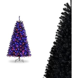 image7FT PreLit Black Christmas Tree Artificial Xmas Tree wSpooky Sounds Folding Metal Stand Hinged Halloween Tree w 380 Orange ampamp Purple LED Lights 6 Lighting Modes 1040 Branch Tips6ft