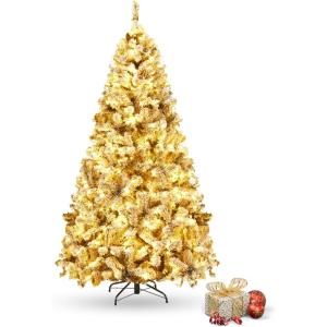 image9 FT PreLit Christmas Tree Easy to Assemble Snow Flocked Hinged Pine Tree Full Appearance Snowy Artificial Tree wLED Lights PVC Needles Prelighted Xmas Tree wSturdy Stand 9 FT6ft