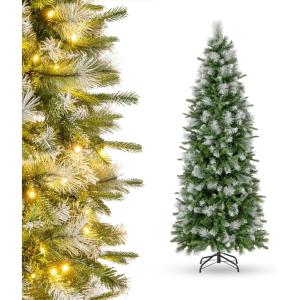 image9 FT PreLit Foldable Pencil Christmas Tree Flocked Hinged Artificial Xmas Tree w 1228 Branch Tips ampamp Warm LED Lights ampamp Sturdy Metal Stand Slim Decoration Tree Perfect for Home ampamp Party9ft