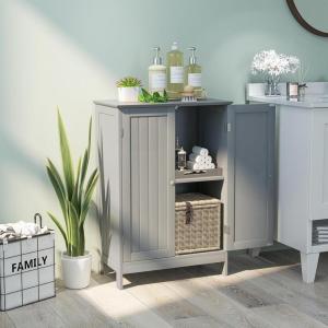 imageBathroom Storage Cabinet Wooden Floor Cabinet with 2 Doors and Adjustable Shelf Freestanding Cabinet for Living Room Bedroom Bathroom Entryway 235quot L x 14quot W x 345quot H BrownGrey