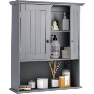 imageBathroom Wall Cabinet 2Door Over The Toilet Cabinet with Adjustable Shelf ampamp Open Storage Shelf Wall Mounted Bathroom Cabinet Hanging Medicine Cabinet for Living Room Entryway EspressoGrey
