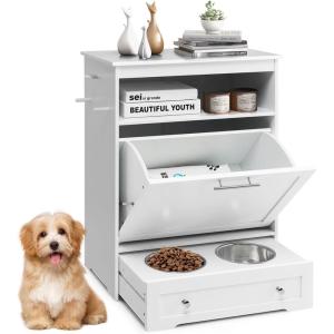 imageDog Feeding Station with Double Bowls Large Pull Out Dog Feeder ampamp Food Storage BrownWhite