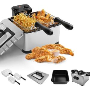 imageElectric Deep Fryer with 3 Baskets 53Qt Adjustable Temperature Electric Oil Fryer wTimer View Window Lid Professional Style NonStick Inner Pot Easy to Clean Deep Fryer for Home Use