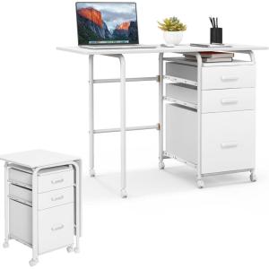 imageFolding Computer Desk with 6 Wheels 415quot Modern Steel Collapsible Home Office Desk with 3 Storage Drawers Portable Writing Laptop Desk for Bedroom Study Small Space Home Office White