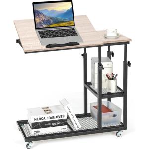 imageGRAFFY C Shaped End Table  Height Adjustable Couch Sofa Table with Tiltable Tabletop Lockable Wheels and Storage Shelves Mobile Side Table for Living Room Bedroom NaturalNatural