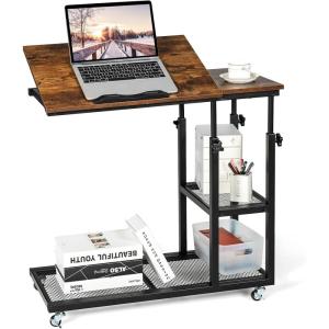 imageGRAFFY C Shaped End Table  Height Adjustable Couch Sofa Table with Tiltable Tabletop Lockable Wheels and Storage Shelves Mobile Side Table for Living Room Bedroom NaturalRustic Brown