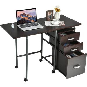 imageGRAFFY Computer Desk Small Laptop Work Desk wFolding Table top ampamp 3 Storage Drawers Collapsible Desk w6 Wheels Writing Workstation Laptop Table for Home Office Brown NaturalBrown