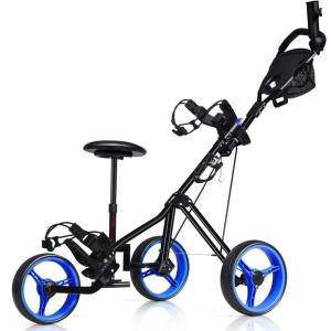 imageGRAFFY Golf Push Cart with Seat 3 Wheel Golf Pull Cart with HeightAdjustable Handle Lightweight Folding Golf Trolley with Scoreboard Bag Foot Brake Cup ampamp Umbrella HolderNavy