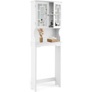 imageGRAFFY Over The Toilet Storage Cabinet Bathroom Space Saver Stands with Adjustable Shelf Open Storage Shelf ampamp Double Doors Freestanding Toilet Organizer Wooden Above Toilet Rack White WhiteWhite