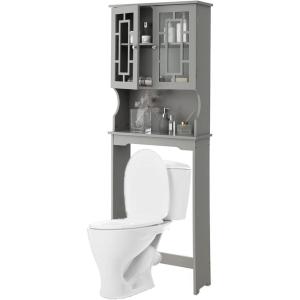 imageGRAFFY Over The Toilet Storage Cabinet Bathroom Space Saver Stands with Adjustable Shelf Open Storage Shelf ampamp Double Doors Freestanding Toilet Organizer Wooden Above Toilet Rack White WhiteGrey