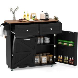imageKitchen Island with Storage 42D Mobile Breakfast Bar Table wDrop Leaf TowelSpice Rack 2 Drawers ampamp Storage Cabinet Large Rolling Kitchen Cart with Trash Can Cabinet White ampamp NaturalBlack  Natural