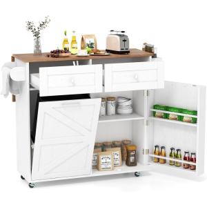 imageKitchen Island with Storage 42D Mobile Breakfast Bar Table wDrop Leaf TowelSpice Rack 2 Drawers ampamp Storage Cabinet Large Rolling Kitchen Cart with Trash Can Cabinet White ampamp NaturalWhite  Natural