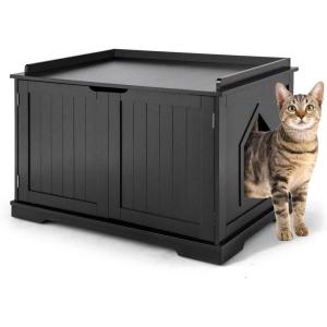 imageLitter Box Enclosure Wooden Litter Box Furniture wDouble Doors ampamp Removable Divider Hidden Cat Washroom Storage Bench for Large Cat Kitty Cat Cabinet for Bedroom Living Room BlackBlack