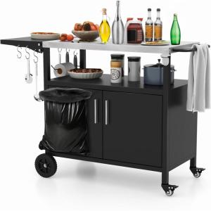 imageOutdoor Grill Cart Table wStainless Steel Top 220 LBS Kitchen Island Table wStorage Foldable Side Table Movable Pizza Oven Stand on Wheels BBQ Table for Outside Grill 50quot x 20quot Black