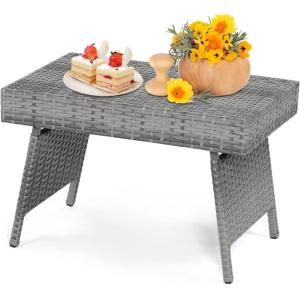 imageOutdoor Rattan Side Table Folding Wicker Coffee Table with Rattan and Steel Frame All Weather Leisure Wicker End Table for Patio Poolside Courtyard Lawn Garden Mixed BrownMixed Grey