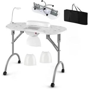 imagePortable Manicure Table Foldable Nail Desk wElectric Residue Collector Bendable LED Lamp Removable Armrest Pad Lockable Wheels Foldable Nail Table wCarry Bag for Home Salon WhiteWhite