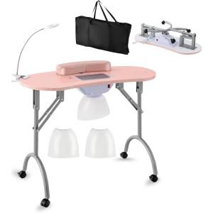 imagePortable Manicure Table Foldable Nail Desk wElectric Residue Collector Bendable LED Lamp Removable Armrest Pad Lockable Wheels Foldable Nail Table wCarry Bag for Home Salon WhitePink