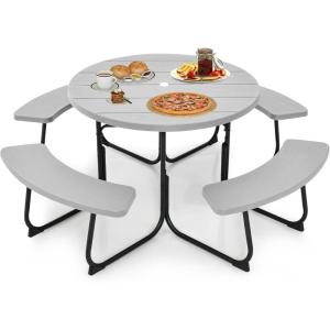 imageSquare Picnic Table for 8 Person Outside Table Bench Set w 4 Builtin Benches Umbrella Hole HDPE Top ampamp Metal Frame 2000LBS Capacity Outdoor Picnic Table for Garden Porch Patio BlackGrey